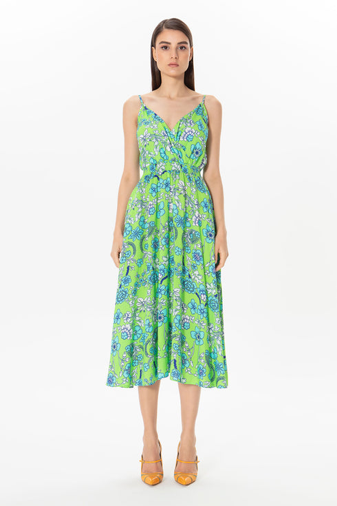 Floral Patterned V-Neck Midi Dress With Pockets
